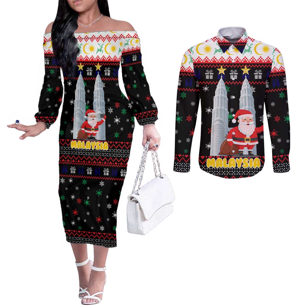 Malaysia Christmas Couples Matching Off The Shoulder Long Sleeve Dress and Long Sleeve Button Shirt with Santa Claus Petronas Towers Snowflakes and Festive Icons - Wonder Print Shop