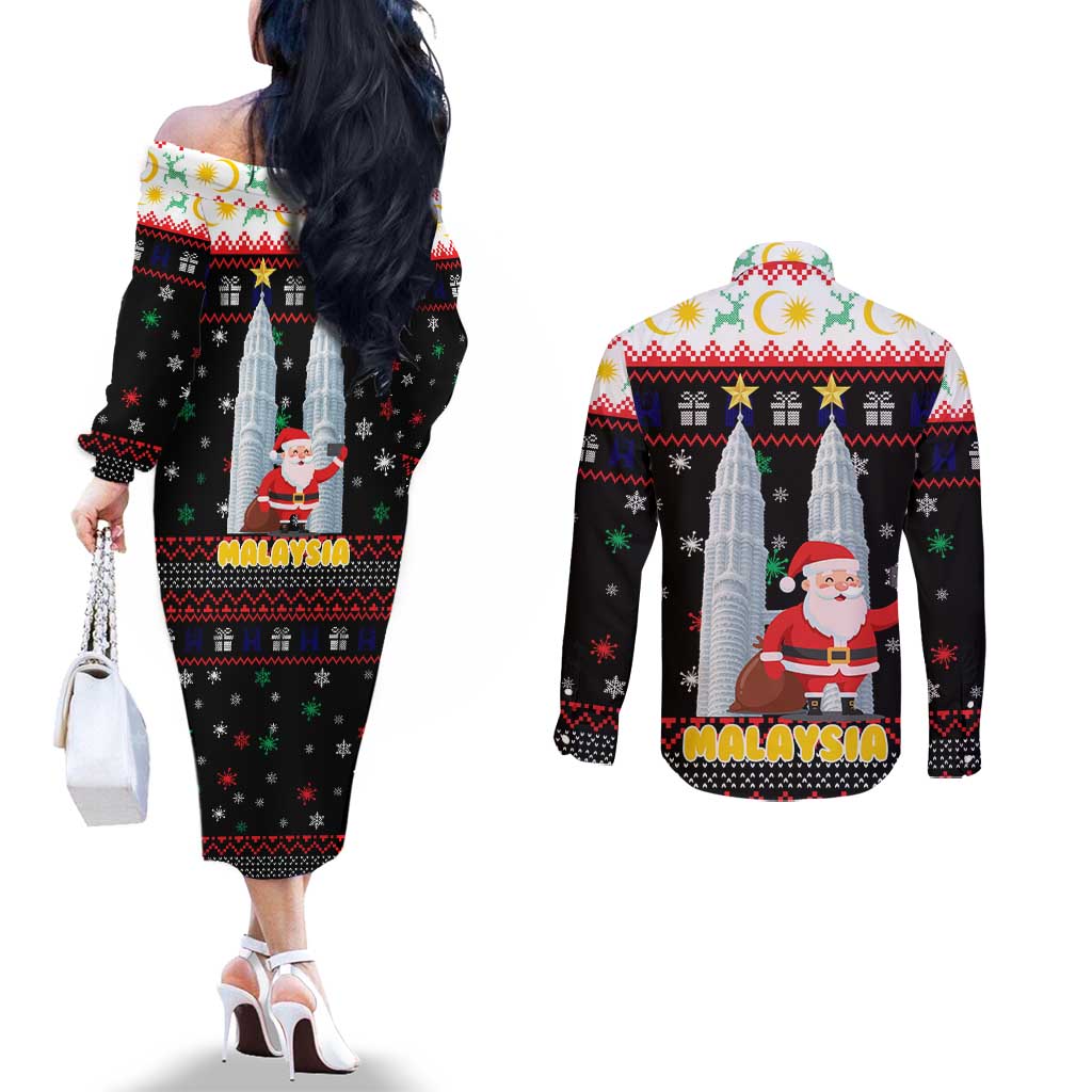 Malaysia Christmas Couples Matching Off The Shoulder Long Sleeve Dress and Long Sleeve Button Shirt with Santa Claus Petronas Towers Snowflakes and Festive Icons - Wonder Print Shop