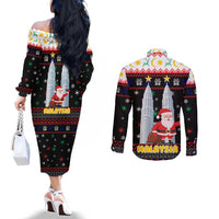 Malaysia Christmas Couples Matching Off The Shoulder Long Sleeve Dress and Long Sleeve Button Shirt with Santa Claus Petronas Towers Snowflakes and Festive Icons - Wonder Print Shop