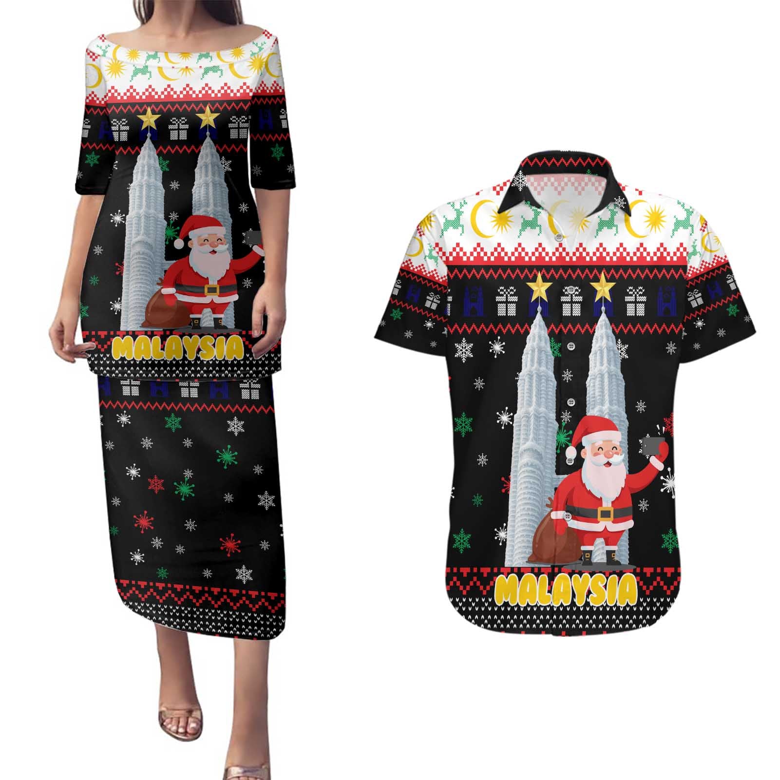 Malaysia Christmas Couples Matching Puletasi and Hawaiian Shirt with Santa Claus Petronas Towers Snowflakes and Festive Icons - Wonder Print Shop