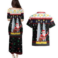 Malaysia Christmas Couples Matching Puletasi and Hawaiian Shirt with Santa Claus Petronas Towers Snowflakes and Festive Icons - Wonder Print Shop