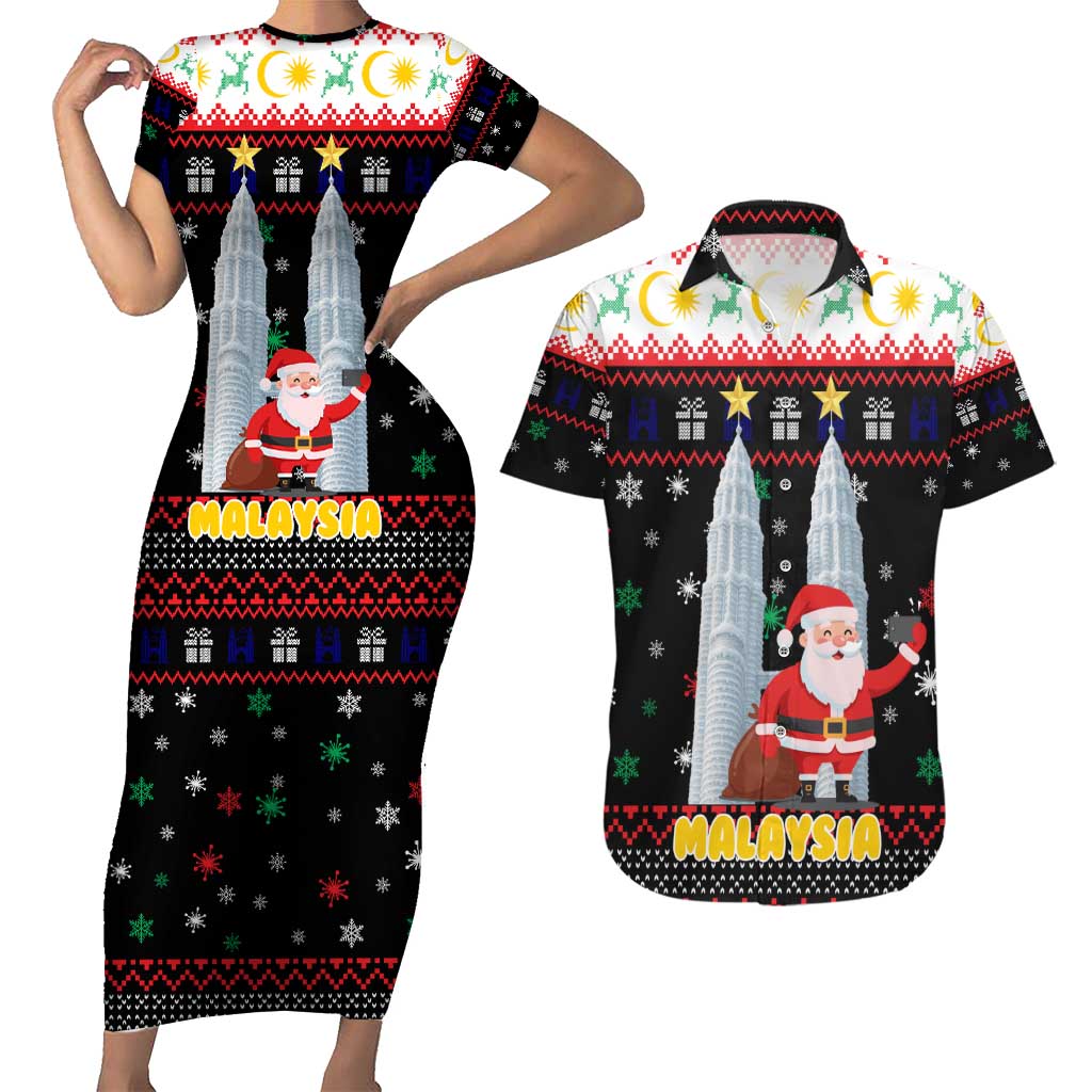 Malaysia Christmas Couples Matching Short Sleeve Bodycon Dress and Hawaiian Shirt with Santa Claus Petronas Towers Snowflakes and Festive Icons - Wonder Print Shop