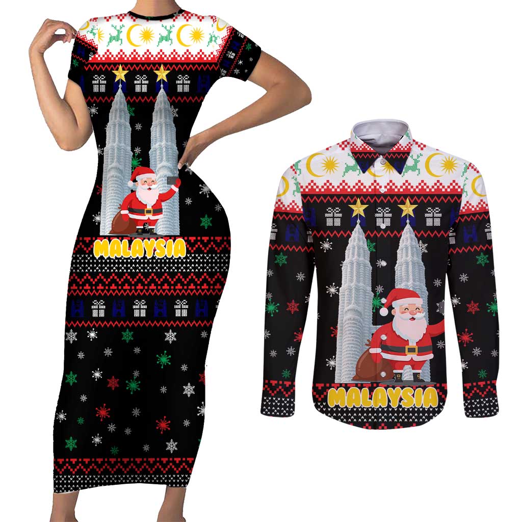 Malaysia Christmas Couples Matching Short Sleeve Bodycon Dress and Long Sleeve Button Shirt with Santa Claus Petronas Towers Snowflakes and Festive Icons - Wonder Print Shop