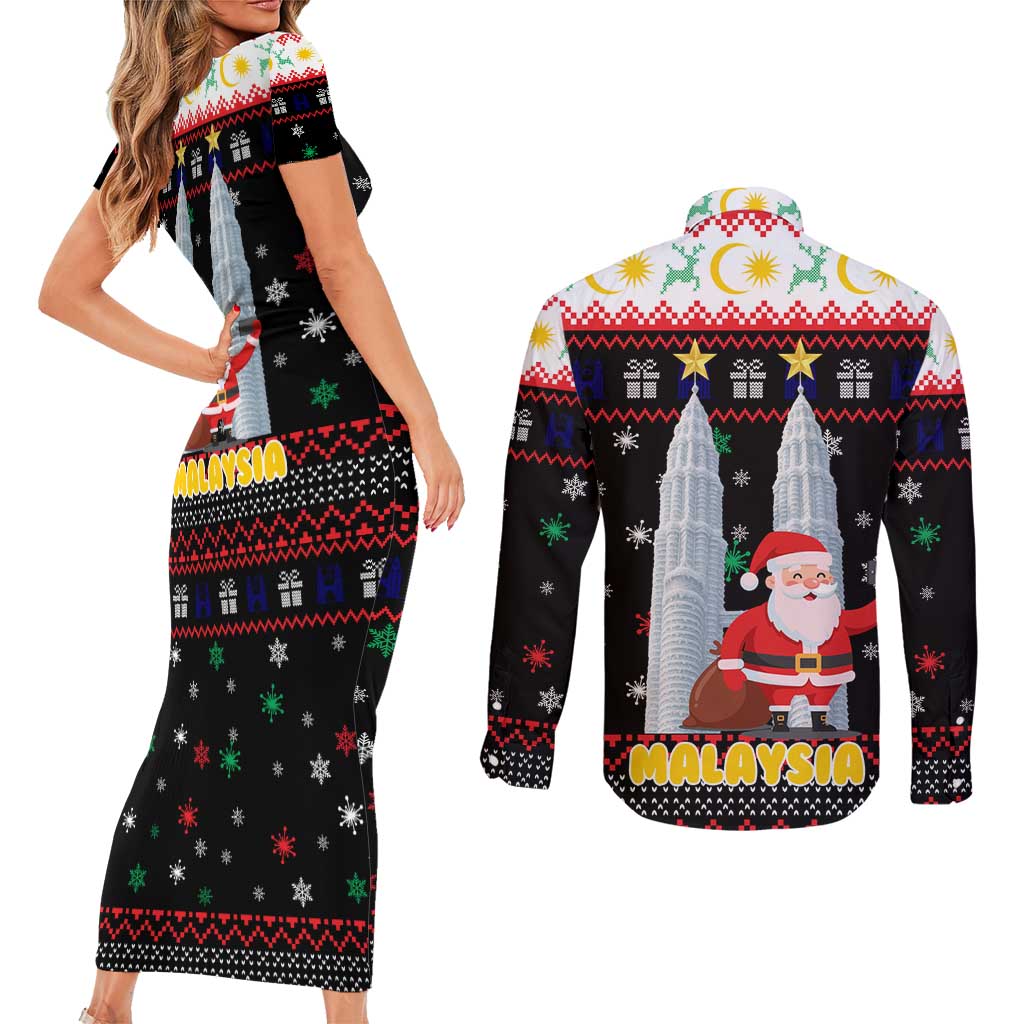 Malaysia Christmas Couples Matching Short Sleeve Bodycon Dress and Long Sleeve Button Shirt with Santa Claus Petronas Towers Snowflakes and Festive Icons - Wonder Print Shop