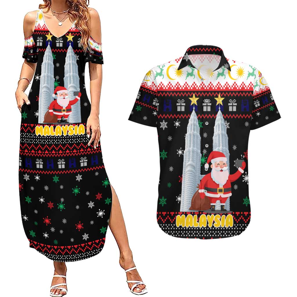 Malaysia Christmas Couples Matching Summer Maxi Dress and Hawaiian Shirt with Santa Claus Petronas Towers Snowflakes and Festive Icons - Wonder Print Shop
