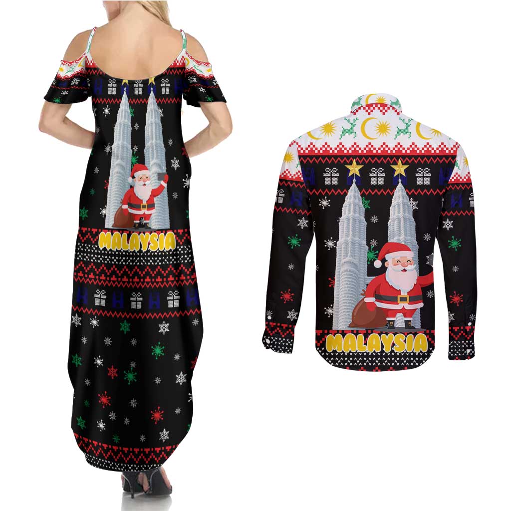 Malaysia Christmas Couples Matching Summer Maxi Dress and Long Sleeve Button Shirt with Santa Claus Petronas Towers Snowflakes and Festive Icons - Wonder Print Shop