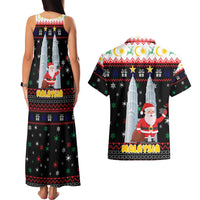 Malaysia Christmas Couples Matching Tank Maxi Dress and Hawaiian Shirt with Santa Claus Petronas Towers Snowflakes and Festive Icons - Wonder Print Shop