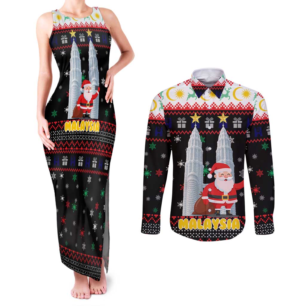 Malaysia Christmas Couples Matching Tank Maxi Dress and Long Sleeve Button Shirt with Santa Claus Petronas Towers Snowflakes and Festive Icons - Wonder Print Shop
