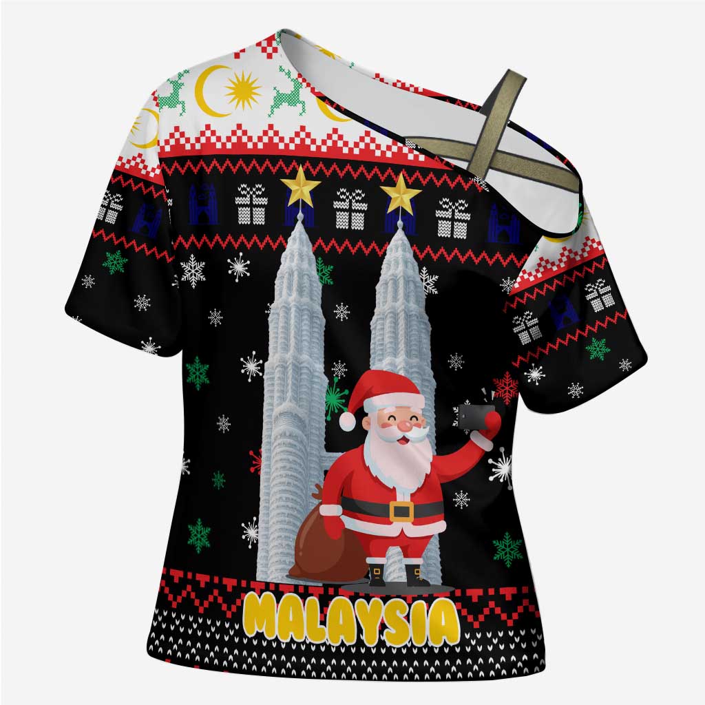 Malaysia Christmas Cross Shoulder Shirt with Santa Claus Petronas Towers Snowflakes and Festive Icons - Wonder Print Shop