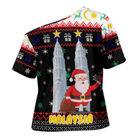 Malaysia Christmas Cross Shoulder Shirt with Santa Claus Petronas Towers Snowflakes and Festive Icons - Wonder Print Shop