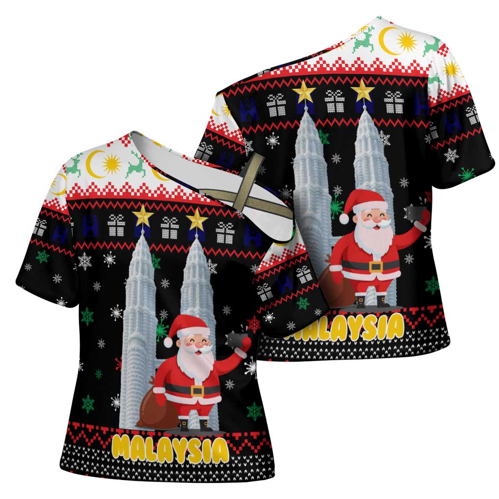 Malaysia Christmas Cross Shoulder Shirt with Santa Claus Petronas Towers Snowflakes and Festive Icons - Wonder Print Shop
