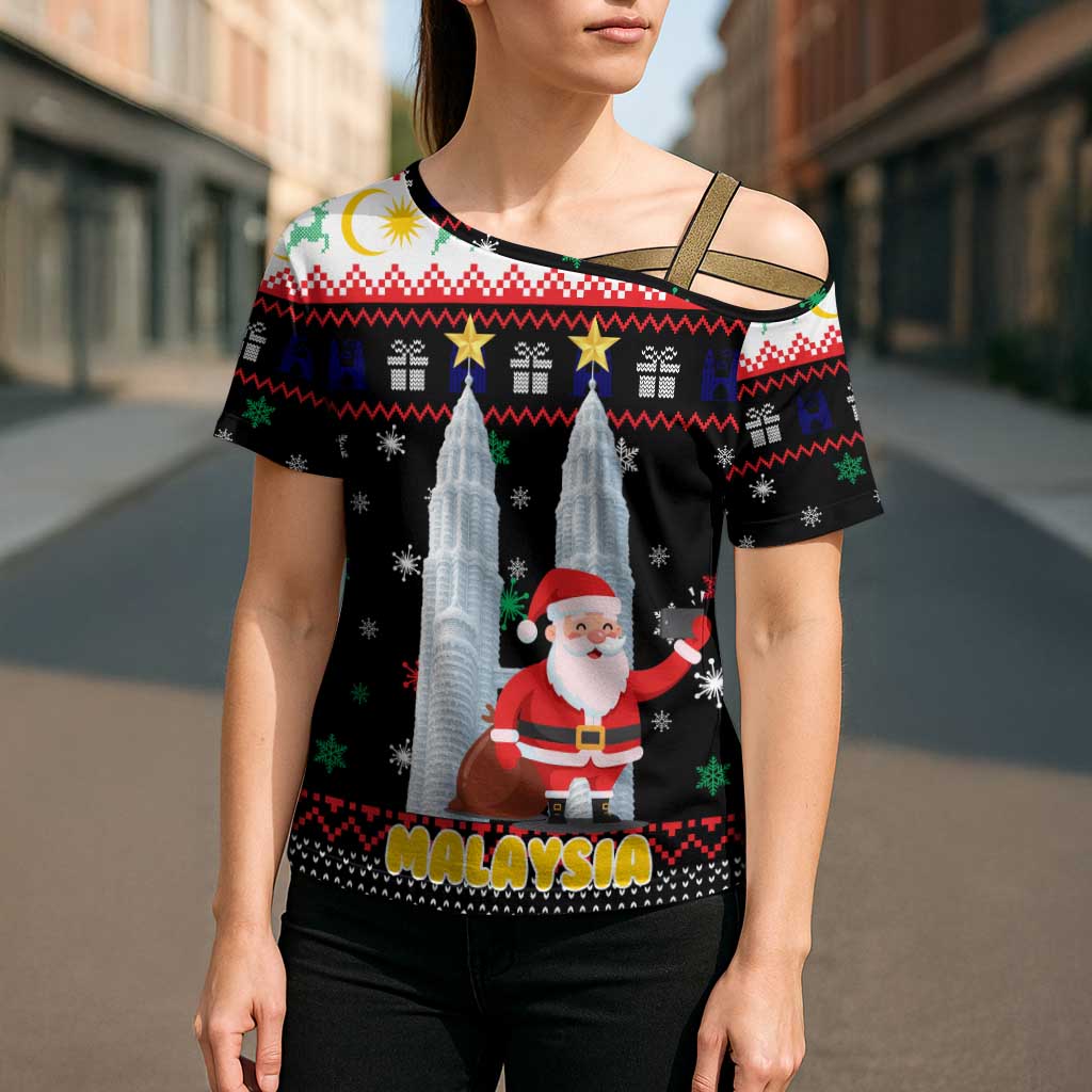 Malaysia Christmas Cross Shoulder Shirt with Santa Claus Petronas Towers Snowflakes and Festive Icons - Wonder Print Shop