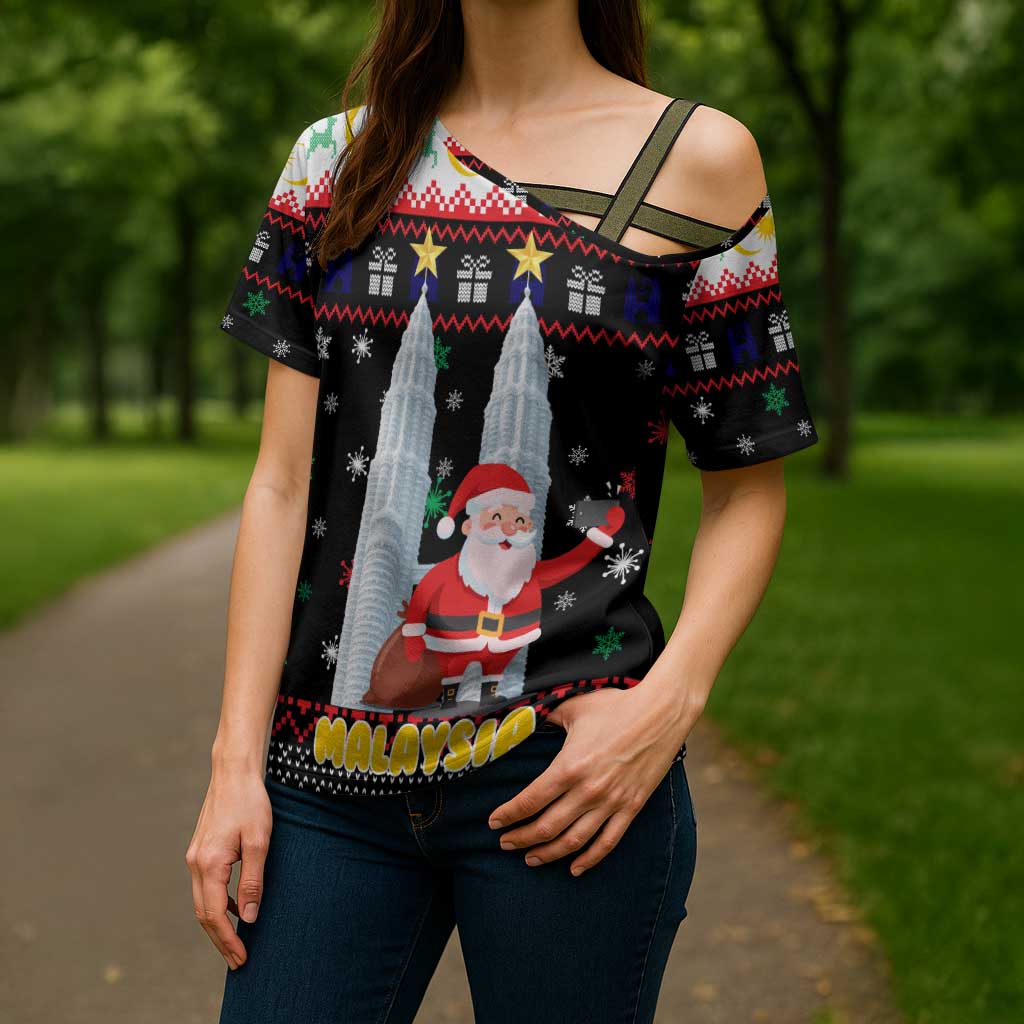 Malaysia Christmas Cross Shoulder Shirt with Santa Claus Petronas Towers Snowflakes and Festive Icons - Wonder Print Shop