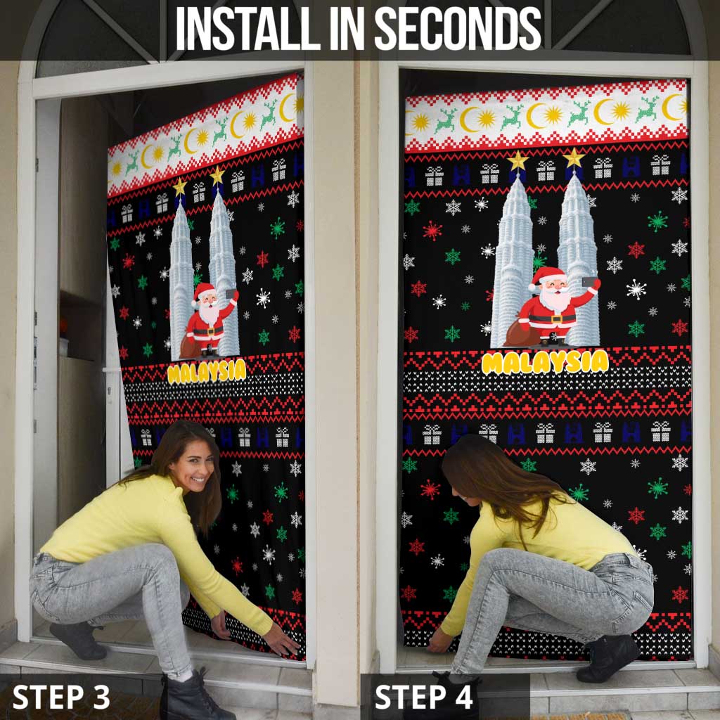 Malaysia Christmas Door Cover with Santa Claus Petronas Towers Snowflakes and Festive Icons - Wonder Print Shop