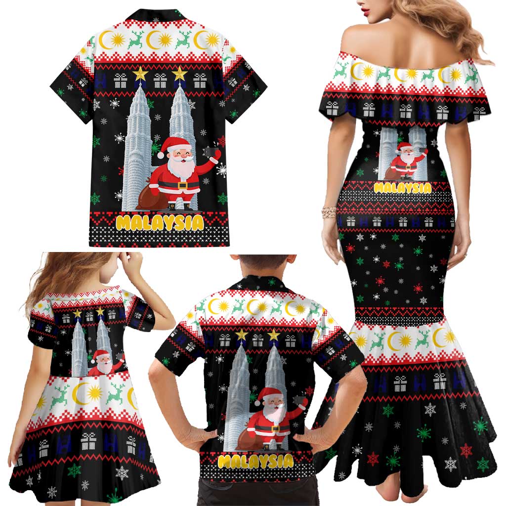 Malaysia Christmas Family Matching Mermaid Dress and Hawaiian Shirt with Santa Claus Petronas Towers Snowflakes and Festive Icons - Wonder Print Shop