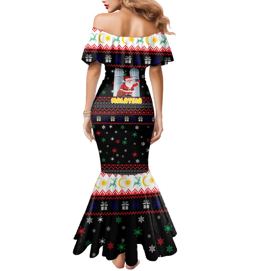 Malaysia Christmas Family Matching Mermaid Dress and Hawaiian Shirt with Santa Claus Petronas Towers Snowflakes and Festive Icons - Wonder Print Shop