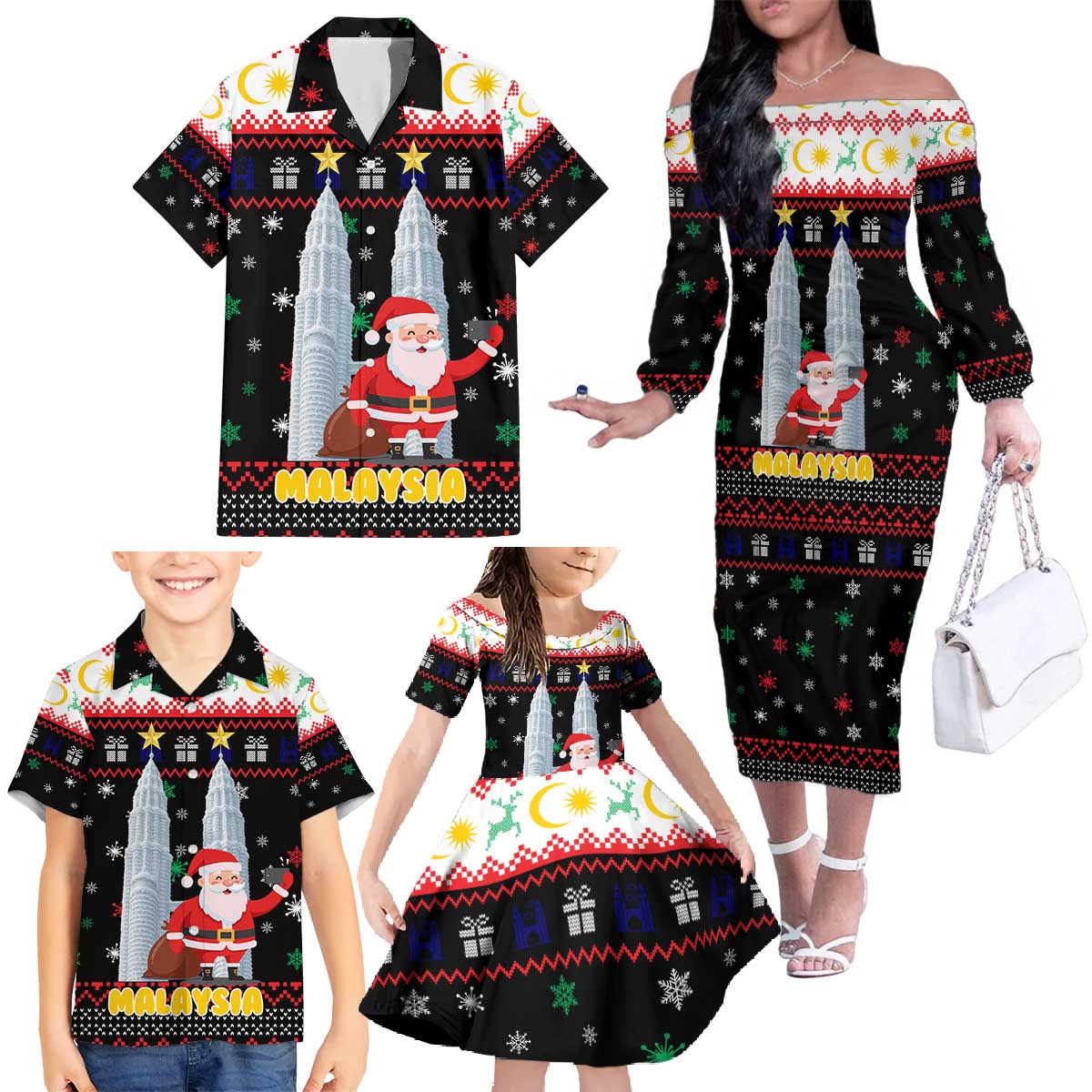 Malaysia Christmas Family Matching Off The Shoulder Long Sleeve Dress and Hawaiian Shirt with Santa Claus Petronas Towers Snowflakes and Festive Icons - Wonder Print Shop