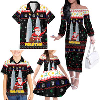 Malaysia Christmas Family Matching Off The Shoulder Long Sleeve Dress and Hawaiian Shirt with Santa Claus Petronas Towers Snowflakes and Festive Icons - Wonder Print Shop