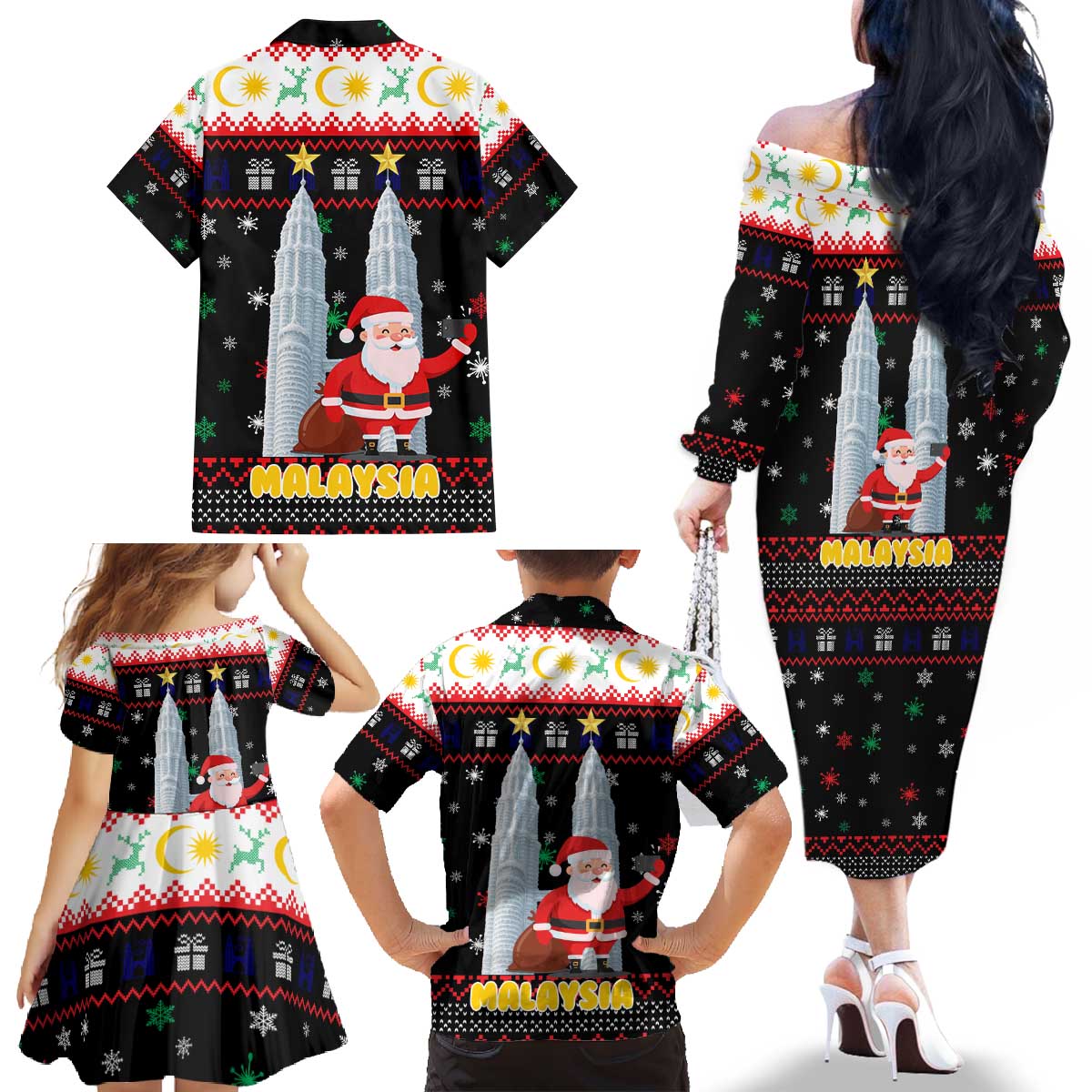 Malaysia Christmas Family Matching Off The Shoulder Long Sleeve Dress and Hawaiian Shirt with Santa Claus Petronas Towers Snowflakes and Festive Icons - Wonder Print Shop