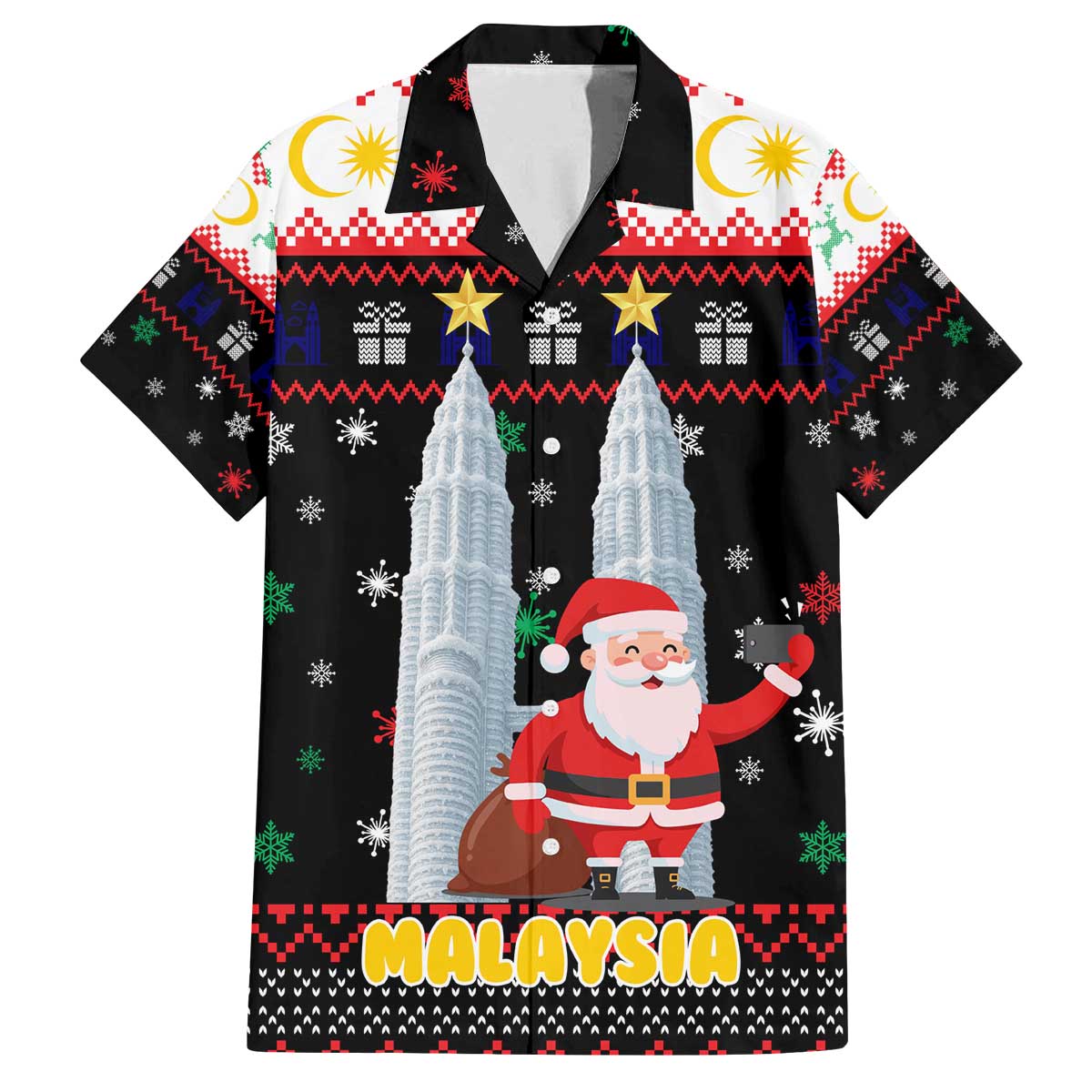 Malaysia Christmas Family Matching Off The Shoulder Long Sleeve Dress and Hawaiian Shirt with Santa Claus Petronas Towers Snowflakes and Festive Icons - Wonder Print Shop