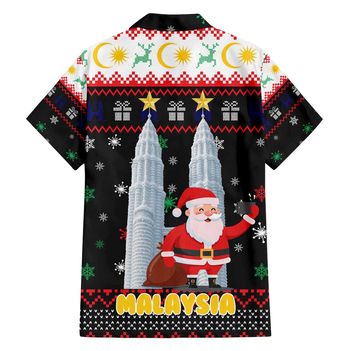 Malaysia Christmas Family Matching Off The Shoulder Long Sleeve Dress and Hawaiian Shirt with Santa Claus Petronas Towers Snowflakes and Festive Icons - Wonder Print Shop