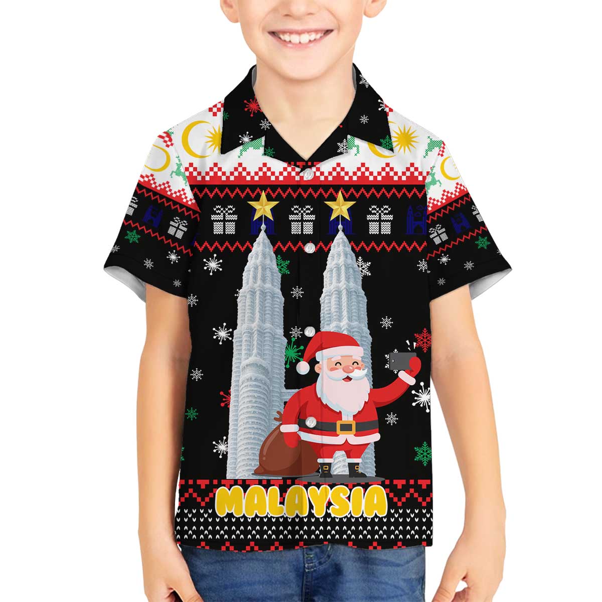 Malaysia Christmas Family Matching Off The Shoulder Long Sleeve Dress and Hawaiian Shirt with Santa Claus Petronas Towers Snowflakes and Festive Icons - Wonder Print Shop