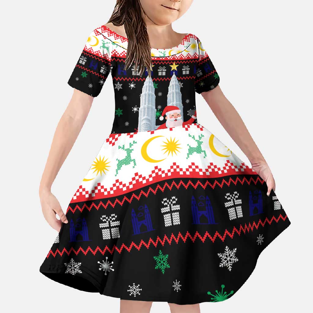 Malaysia Christmas Family Matching Off Shoulder Maxi Dress and Hawaiian Shirt with Santa Claus Petronas Towers Snowflakes and Festive Icons - Wonder Print Shop