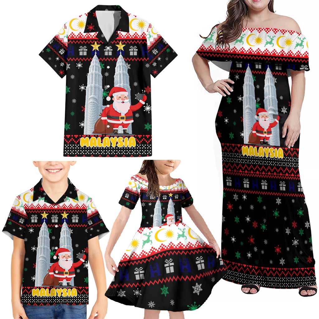 Malaysia Christmas Family Matching Off Shoulder Maxi Dress and Hawaiian Shirt with Santa Claus Petronas Towers Snowflakes and Festive Icons - Wonder Print Shop