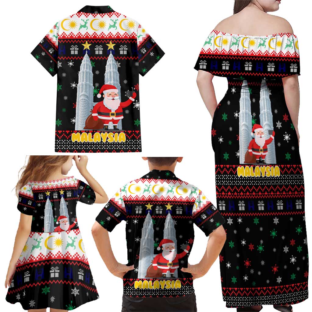 Malaysia Christmas Family Matching Off Shoulder Maxi Dress and Hawaiian Shirt with Santa Claus Petronas Towers Snowflakes and Festive Icons - Wonder Print Shop
