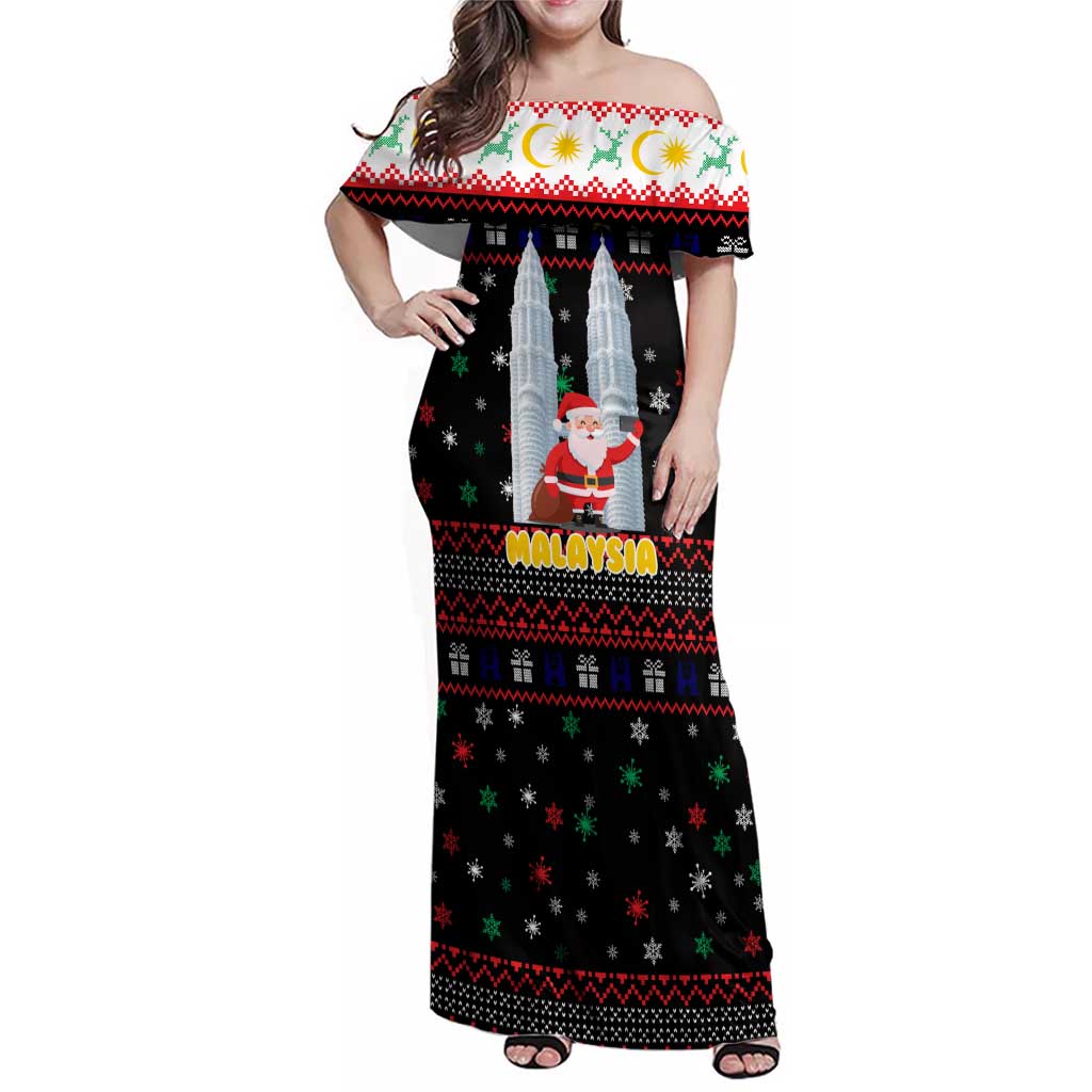 Malaysia Christmas Family Matching Off Shoulder Maxi Dress and Hawaiian Shirt with Santa Claus Petronas Towers Snowflakes and Festive Icons - Wonder Print Shop