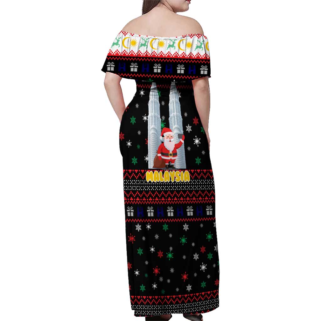 Malaysia Christmas Family Matching Off Shoulder Maxi Dress and Hawaiian Shirt with Santa Claus Petronas Towers Snowflakes and Festive Icons - Wonder Print Shop