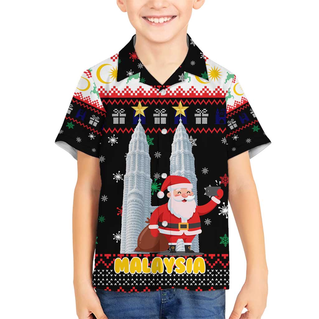 Malaysia Christmas Family Matching Off Shoulder Maxi Dress and Hawaiian Shirt with Santa Claus Petronas Towers Snowflakes and Festive Icons - Wonder Print Shop