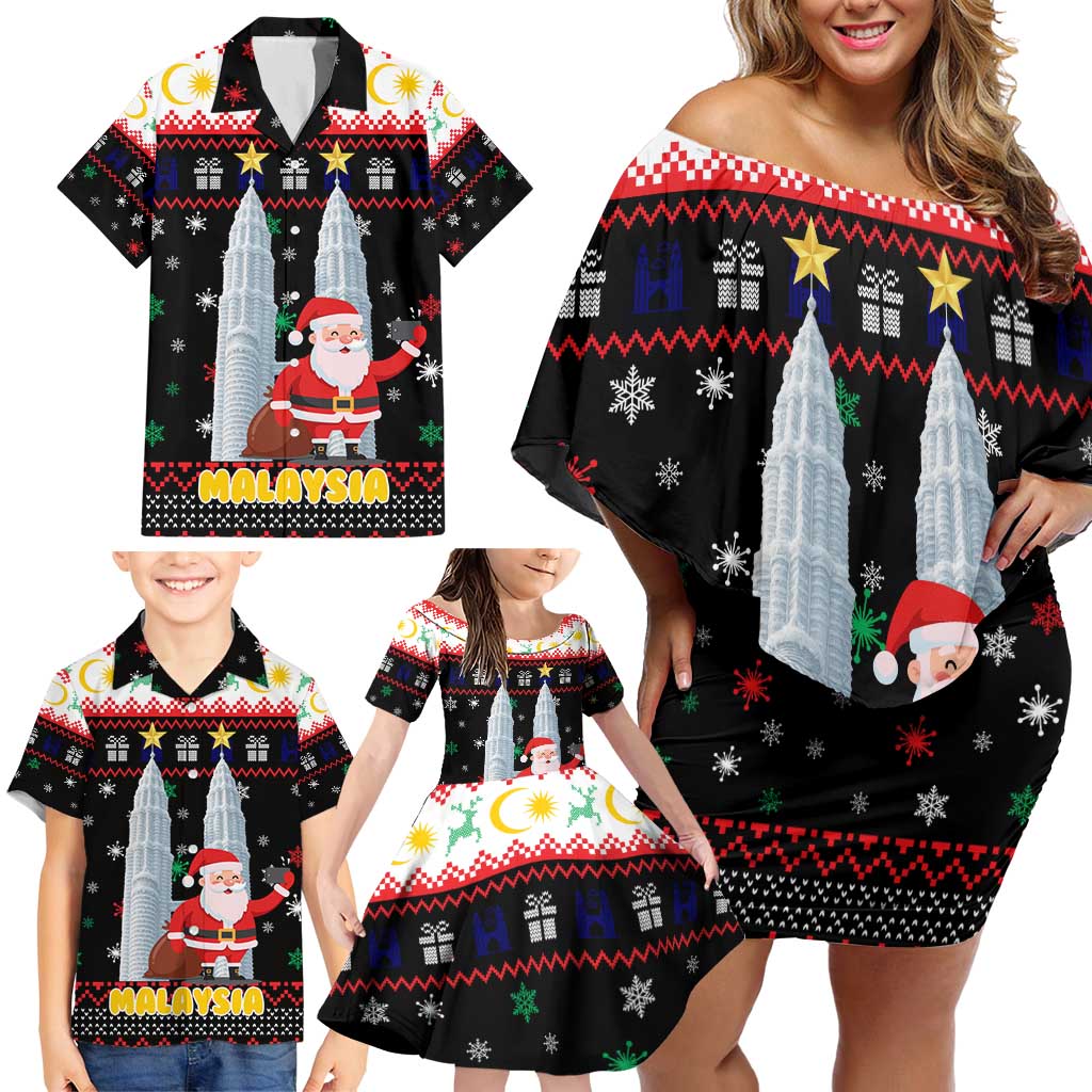 Malaysia Christmas Family Matching Off Shoulder Short Dress and Hawaiian Shirt with Santa Claus Petronas Towers Snowflakes and Festive Icons - Wonder Print Shop