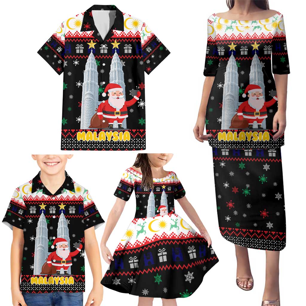 Malaysia Christmas Family Matching Puletasi and Hawaiian Shirt with Santa Claus Petronas Towers Snowflakes and Festive Icons - Wonder Print Shop