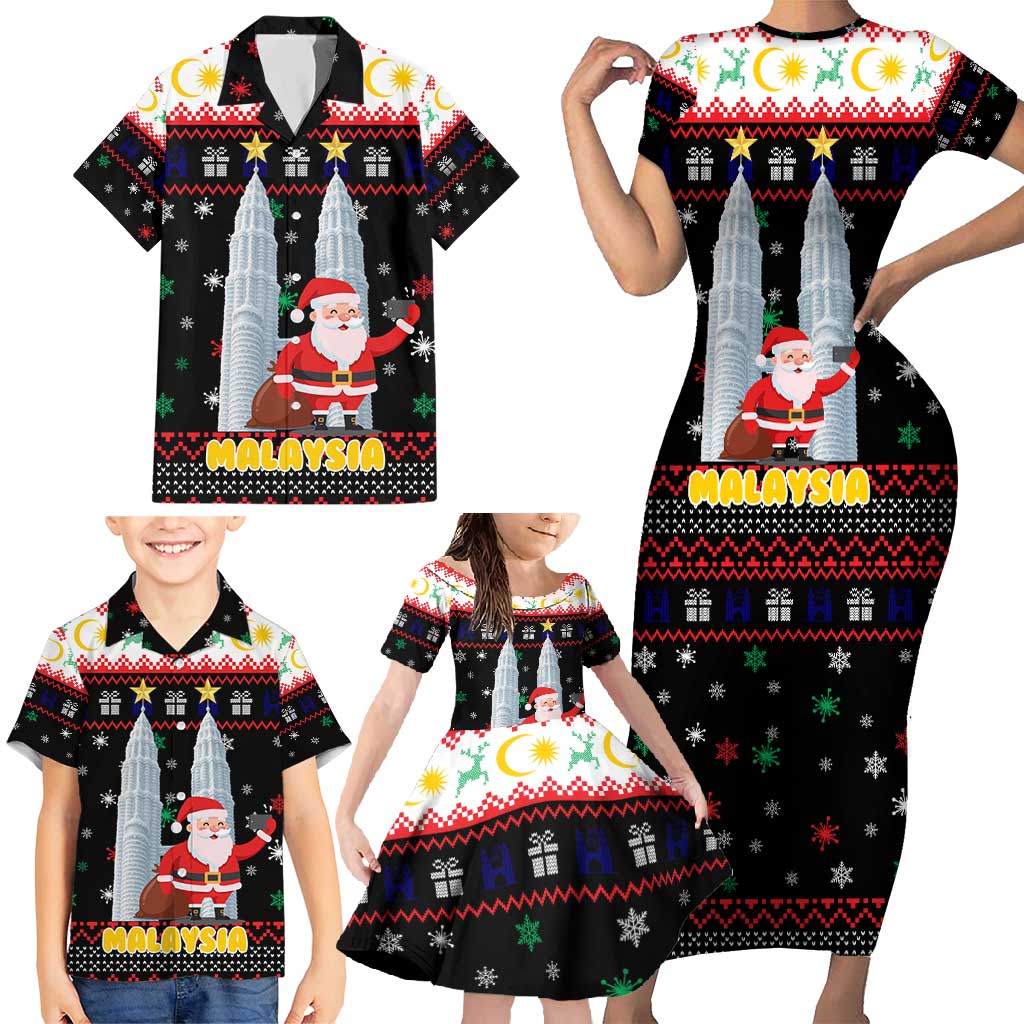Malaysia Christmas Family Matching Short Sleeve Bodycon Dress and Hawaiian Shirt with Santa Claus Petronas Towers Snowflakes and Festive Icons - Wonder Print Shop