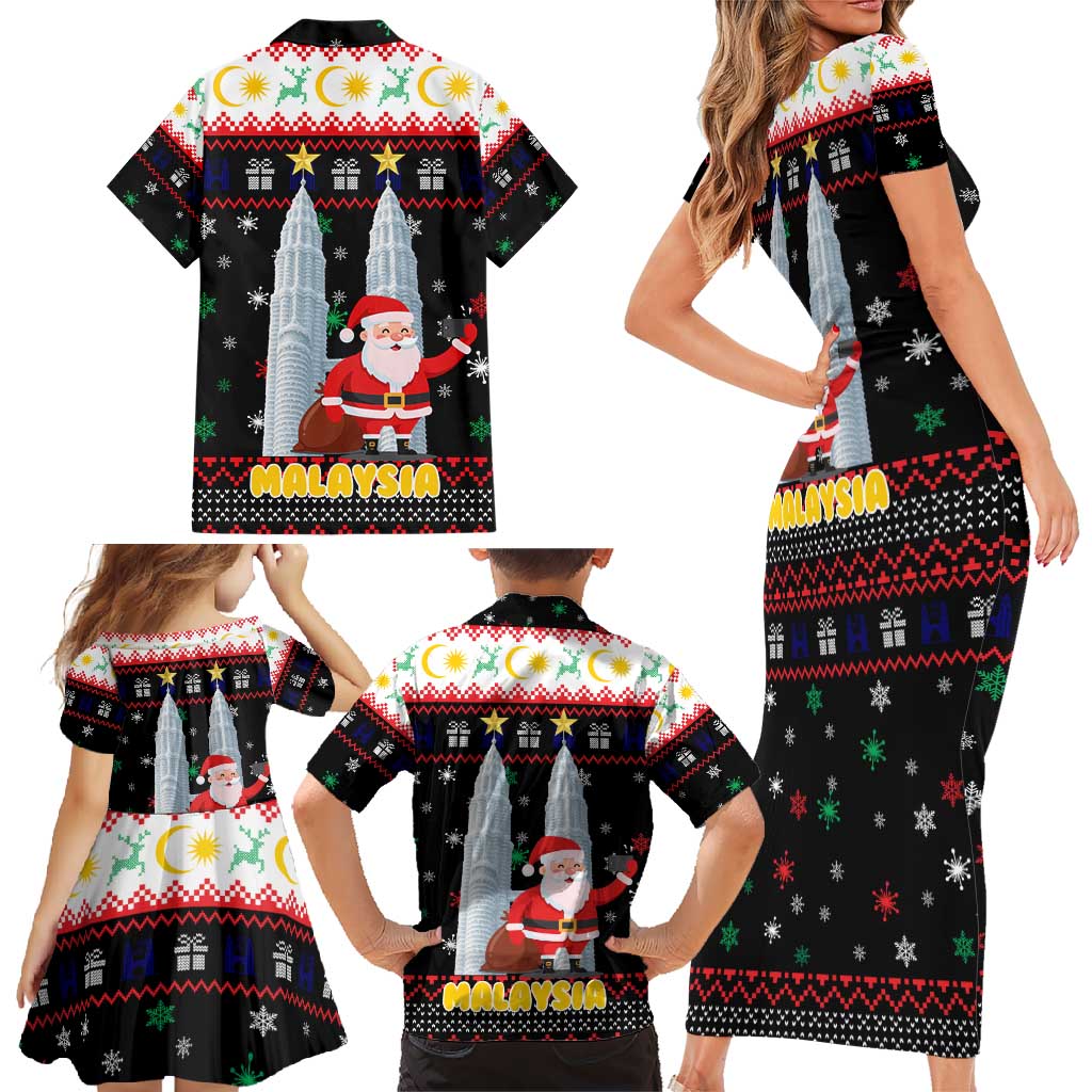 Malaysia Christmas Family Matching Short Sleeve Bodycon Dress and Hawaiian Shirt with Santa Claus Petronas Towers Snowflakes and Festive Icons - Wonder Print Shop