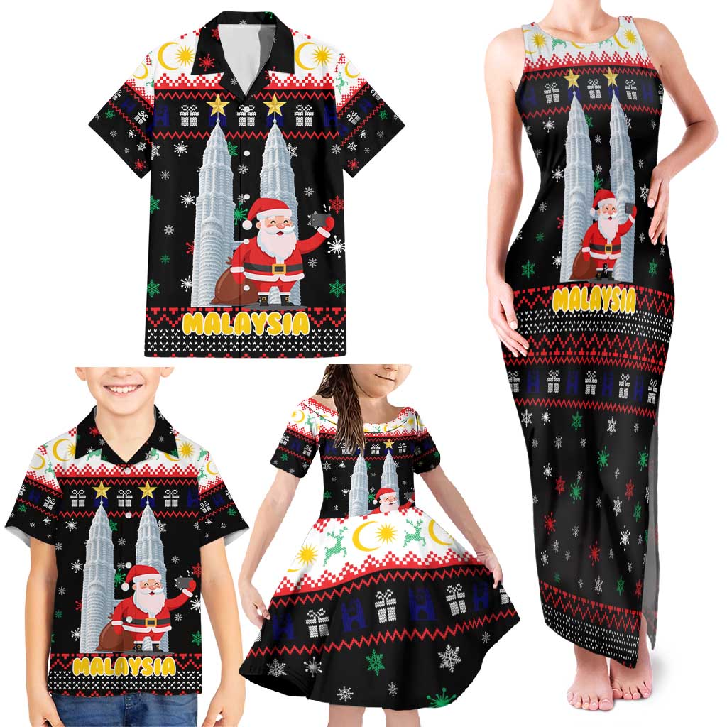 Malaysia Christmas Family Matching Tank Maxi Dress and Hawaiian Shirt with Santa Claus Petronas Towers Snowflakes and Festive Icons - Wonder Print Shop