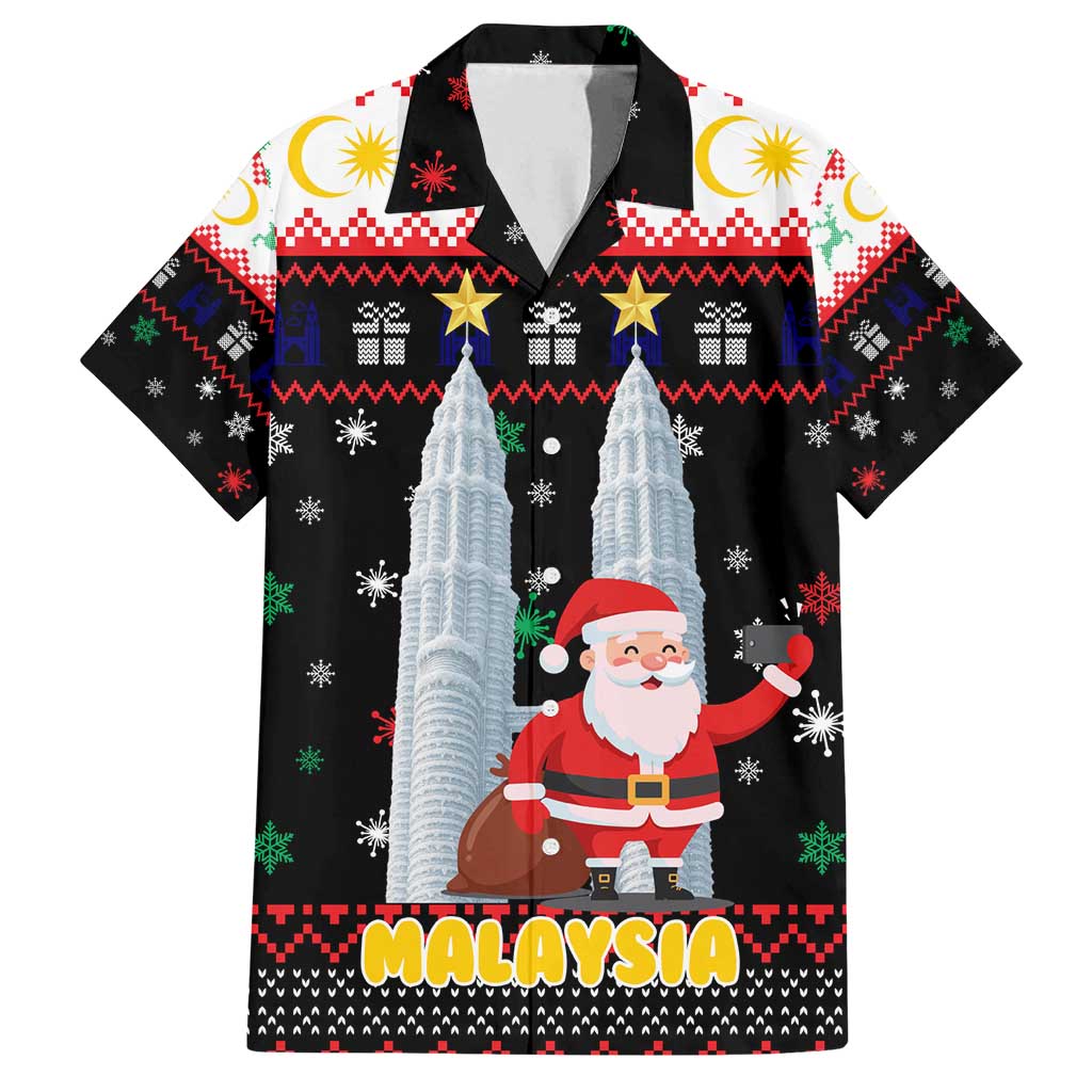 Malaysia Christmas Family Matching Tank Maxi Dress and Hawaiian Shirt with Santa Claus Petronas Towers Snowflakes and Festive Icons - Wonder Print Shop