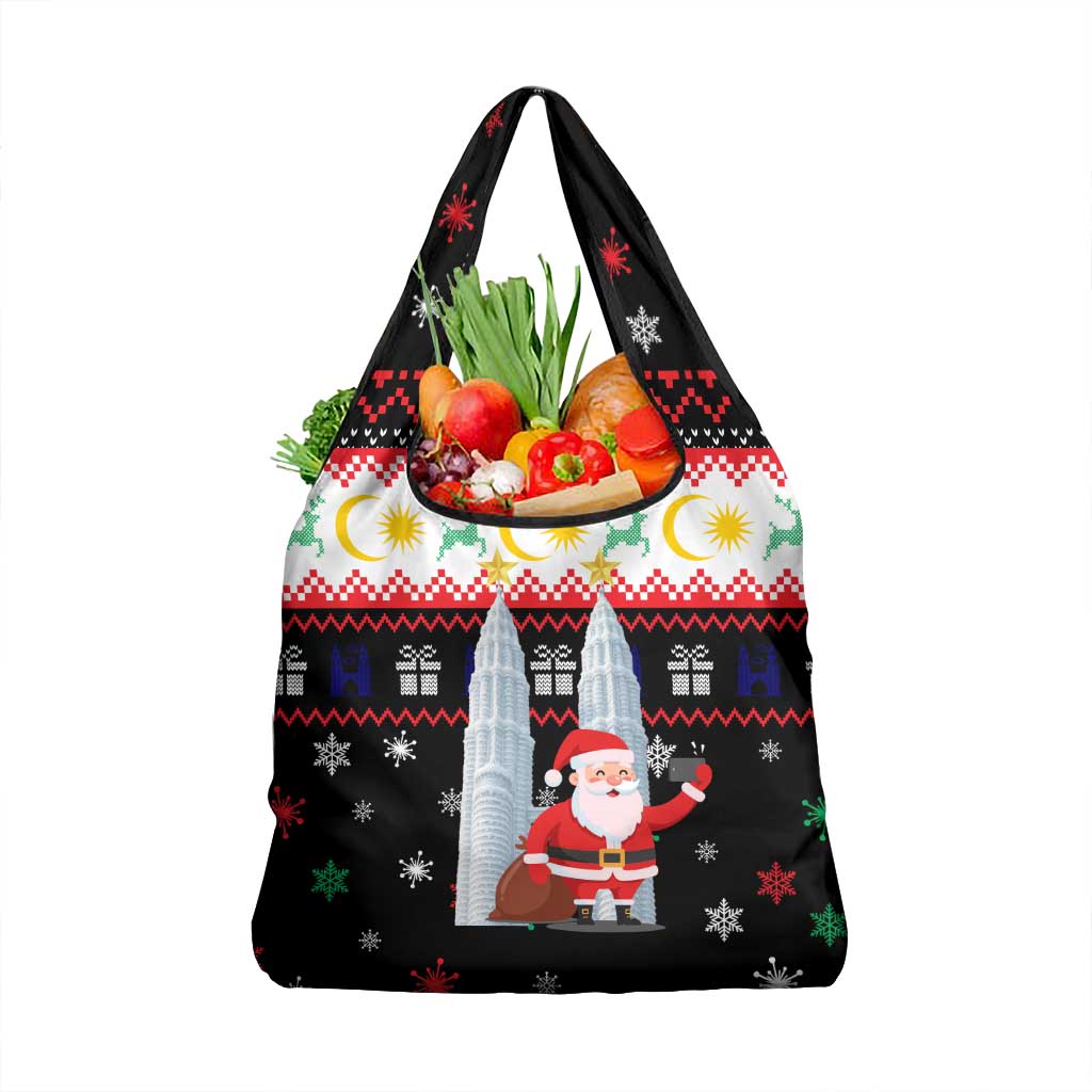 Malaysia Christmas Grocery Bag with Santa Claus Petronas Towers Snowflakes and Festive Icons - Wonder Print Shop