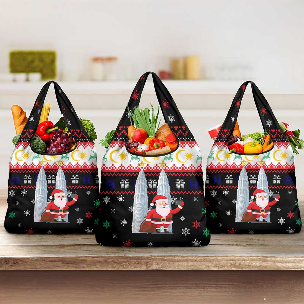 Malaysia Christmas Grocery Bag with Santa Claus Petronas Towers Snowflakes and Festive Icons - Wonder Print Shop