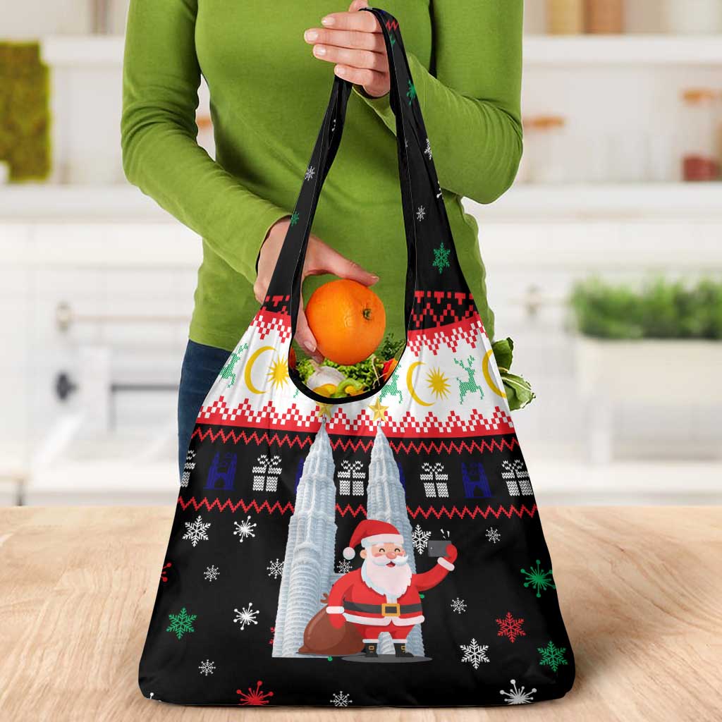Malaysia Christmas Grocery Bag with Santa Claus Petronas Towers Snowflakes and Festive Icons - Wonder Print Shop