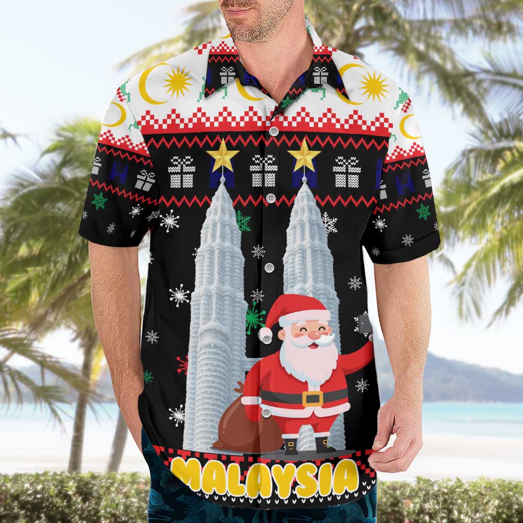 Malaysia Christmas Hawaiian Shirt with Santa Claus Petronas Towers Snowflakes and Festive Icons - Wonder Print Shop