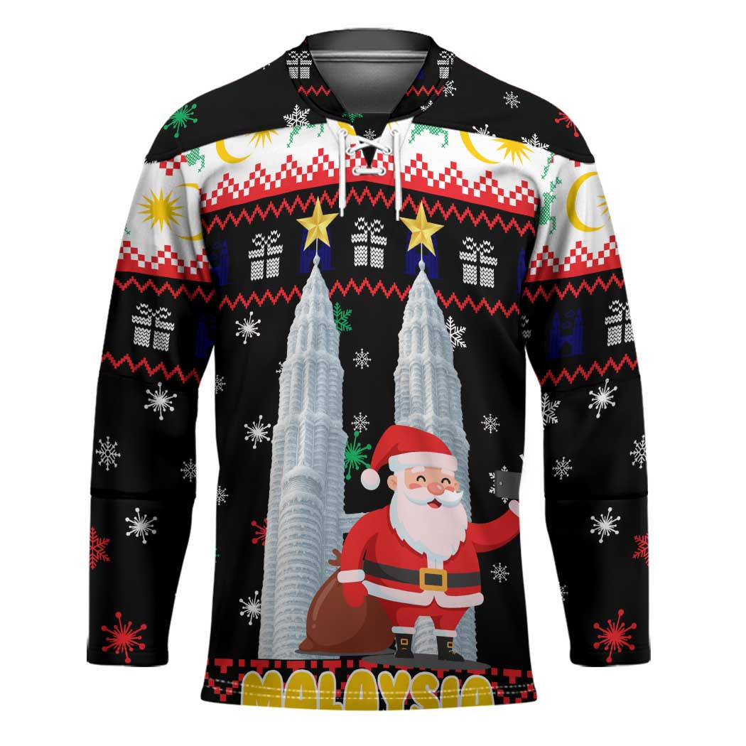 Malaysia Christmas Hockey Jersey with Santa Claus Petronas Towers Snowflakes and Festive Icons - Wonder Print Shop