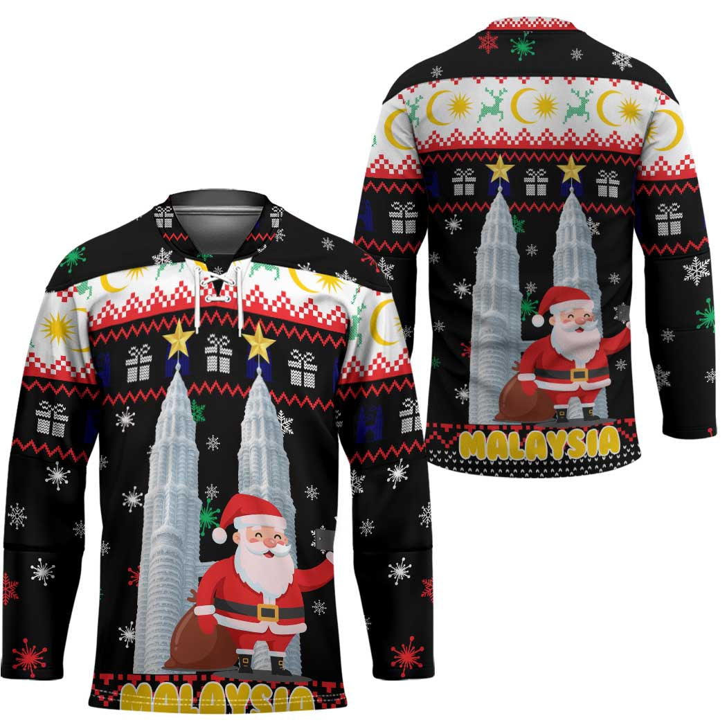 Malaysia Christmas Hockey Jersey with Santa Claus Petronas Towers Snowflakes and Festive Icons - Wonder Print Shop