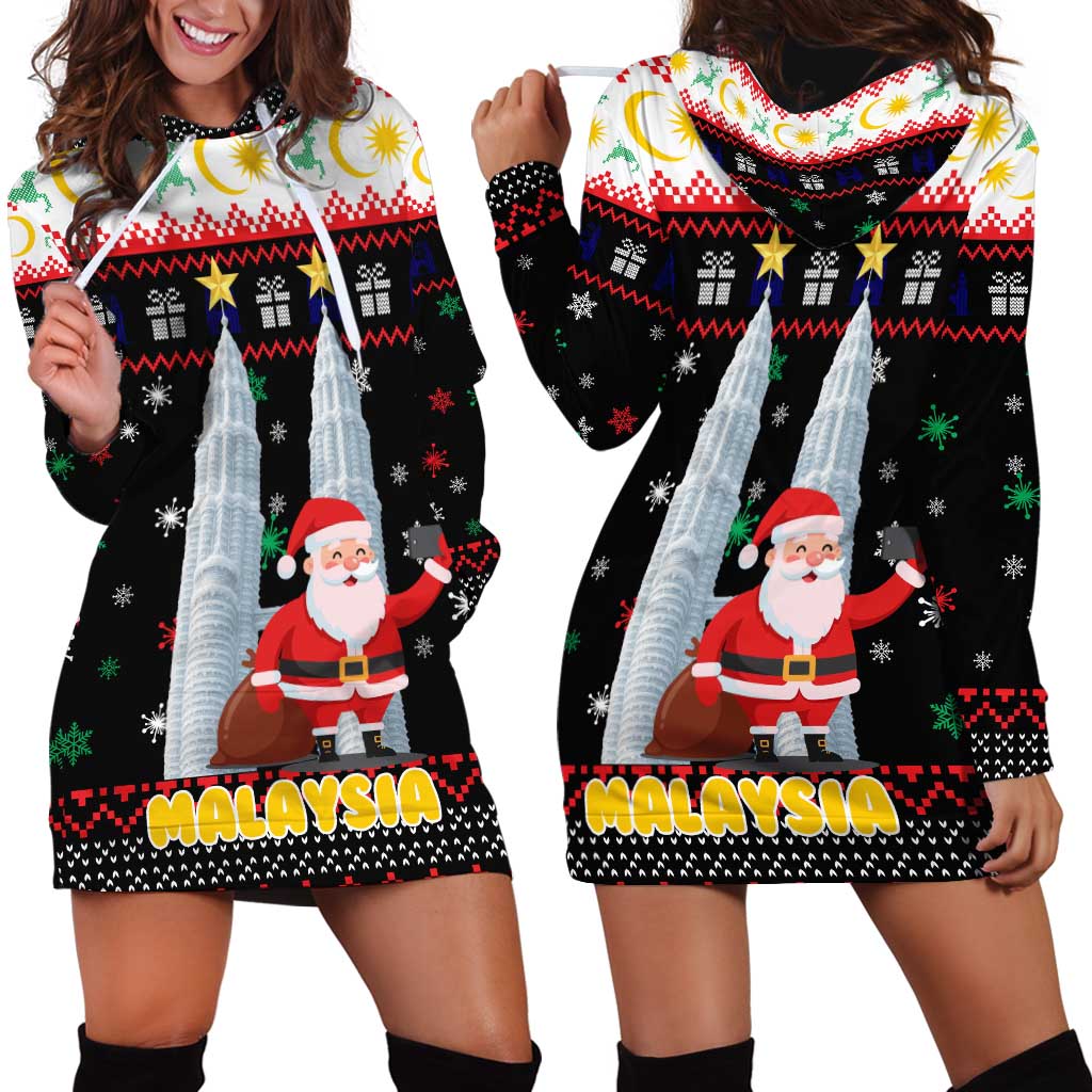 Malaysia Christmas Hoodie Dress with Santa Claus Petronas Towers Snowflakes and Festive Icons - Wonder Print Shop