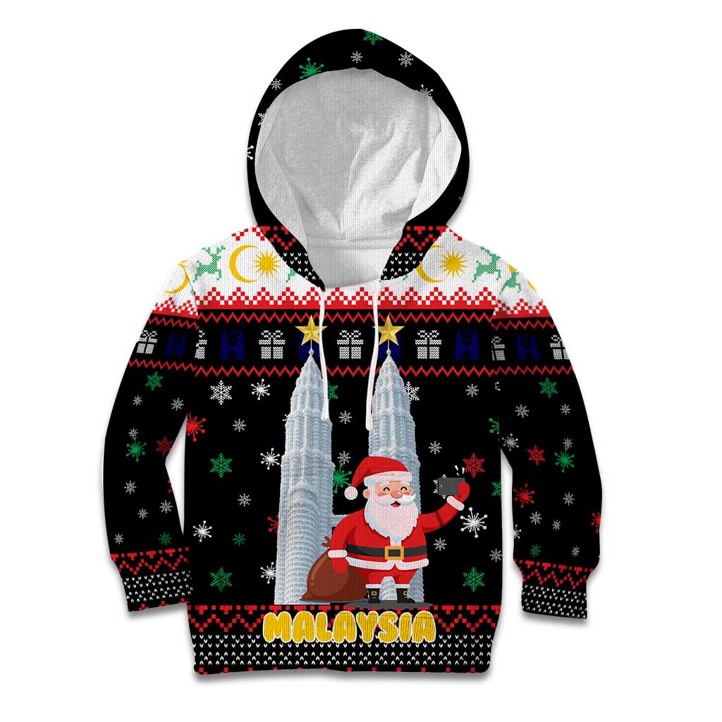 Malaysia Christmas Kid Hoodie with Santa Claus Petronas Towers Snowflakes and Festive Icons - Wonder Print Shop