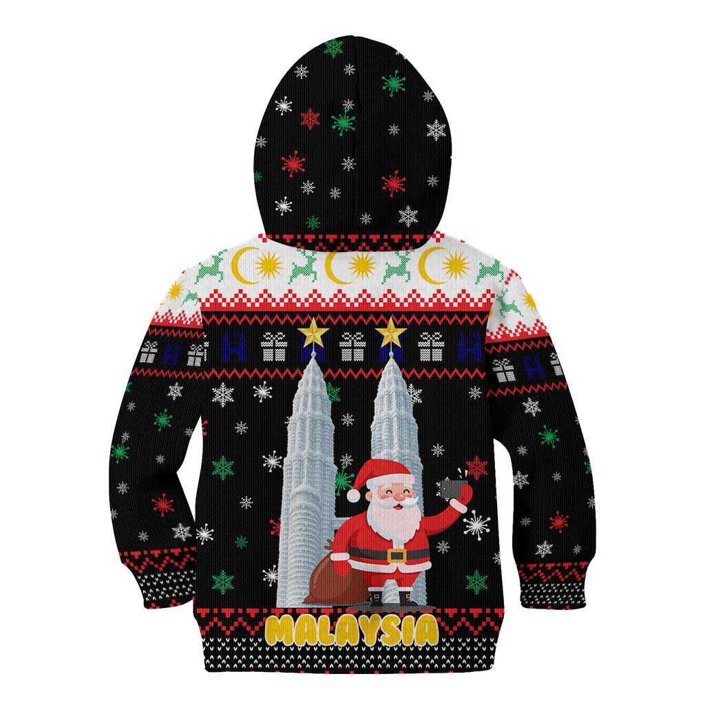 Malaysia Christmas Kid Hoodie with Santa Claus Petronas Towers Snowflakes and Festive Icons - Wonder Print Shop
