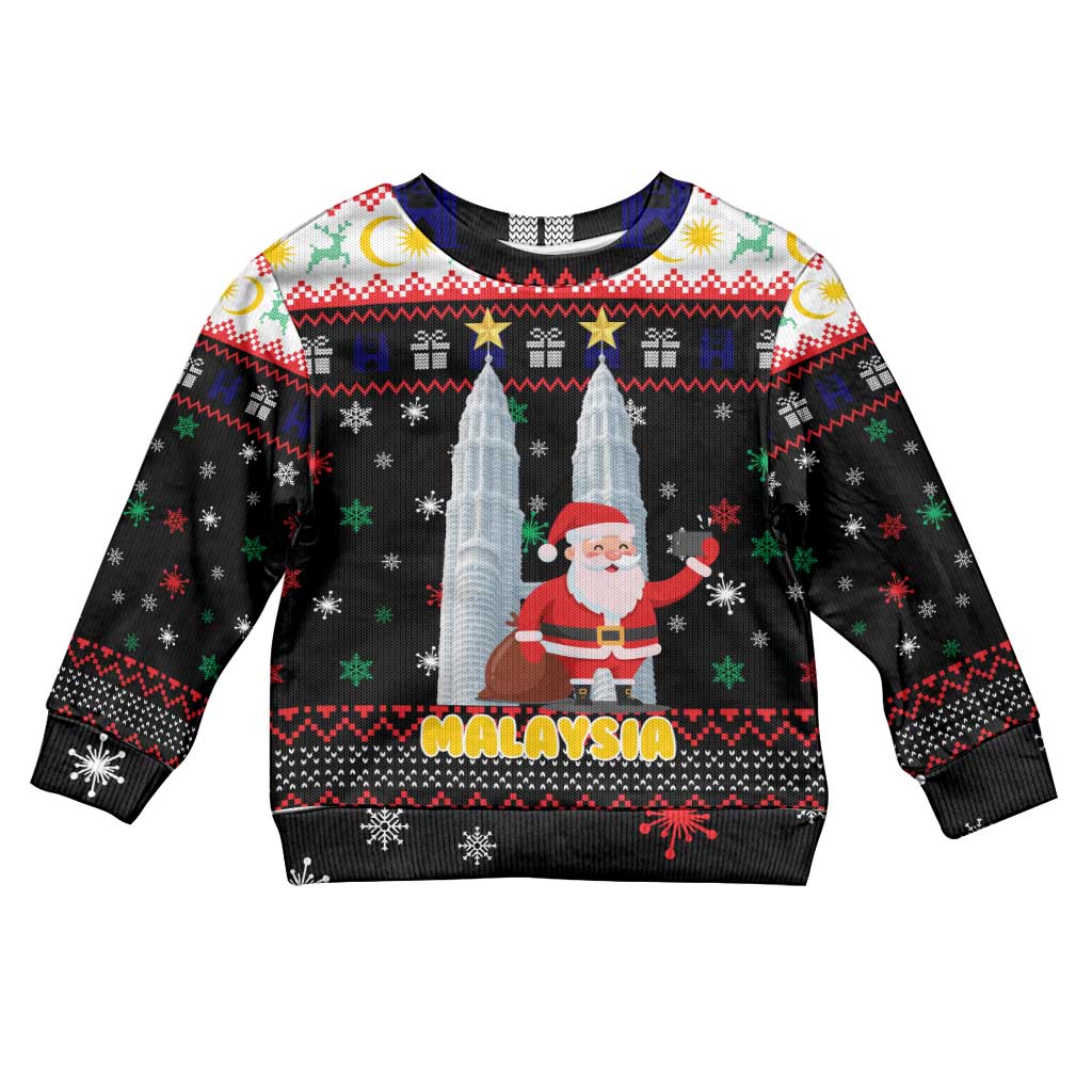 Malaysia Christmas Kid Ugly Christmas Sweater with Santa Claus Petronas Towers Snowflakes and Festive Icons - Wonder Print Shop