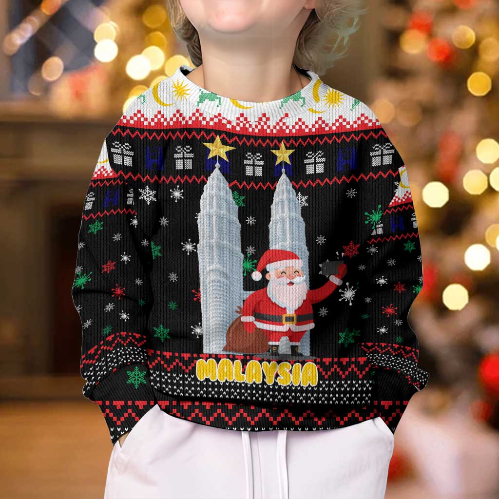 Malaysia Christmas Kid Ugly Christmas Sweater with Santa Claus Petronas Towers Snowflakes and Festive Icons - Wonder Print Shop