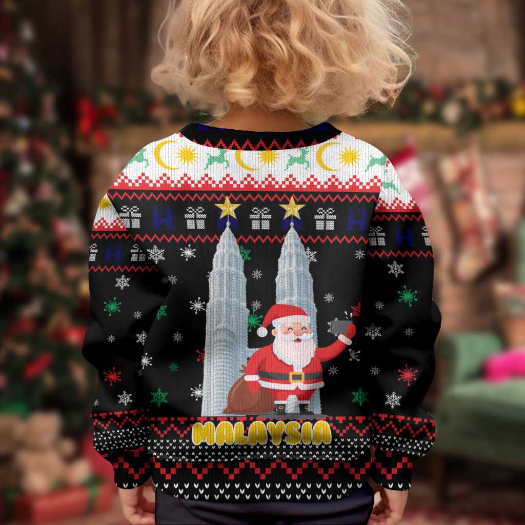 Malaysia Christmas Kid Ugly Christmas Sweater with Santa Claus Petronas Towers Snowflakes and Festive Icons - Wonder Print Shop